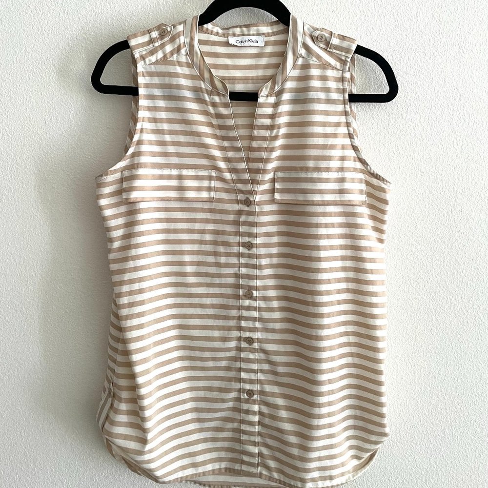 Calvin Klein Sleeveless Blouse White and Tan Stripes